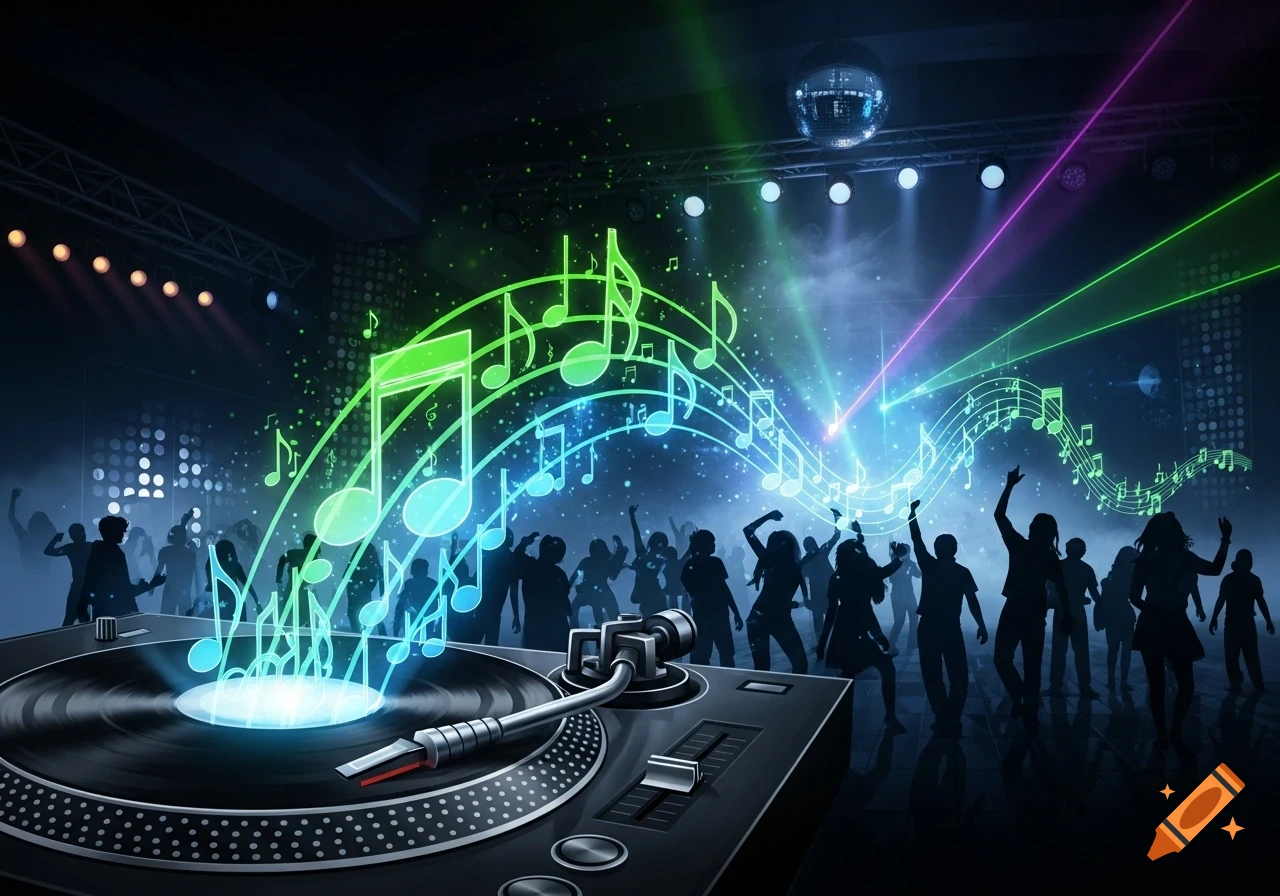 Vibrant dance party with people silhouettes, a DJ turntable, glowing music notes, disco ball, and laser lights.