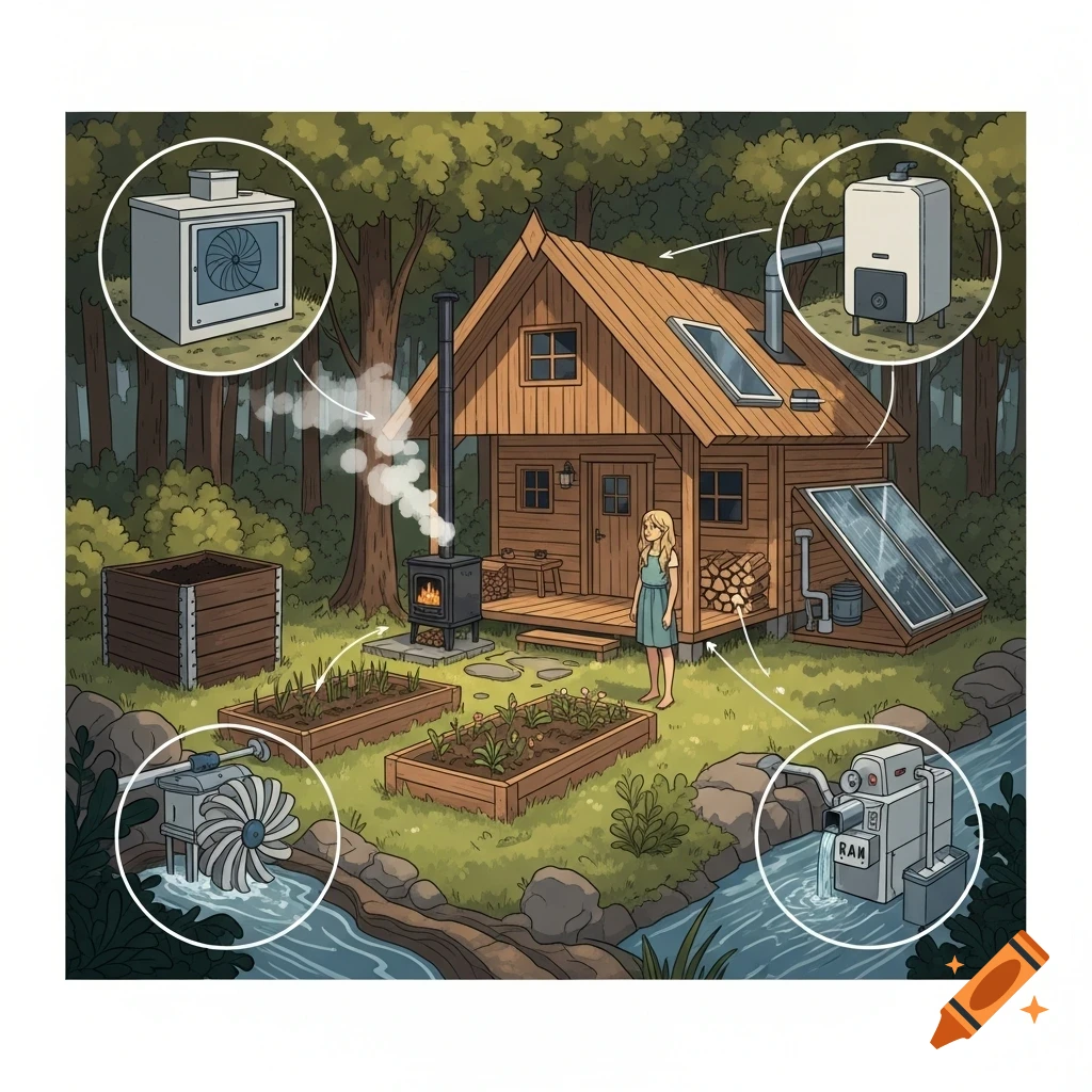 Cartoon of a blonde girl by an eco-friendly cabin in a forest, with solar panels, wood stove, compost bin, and hydro-power systems.
