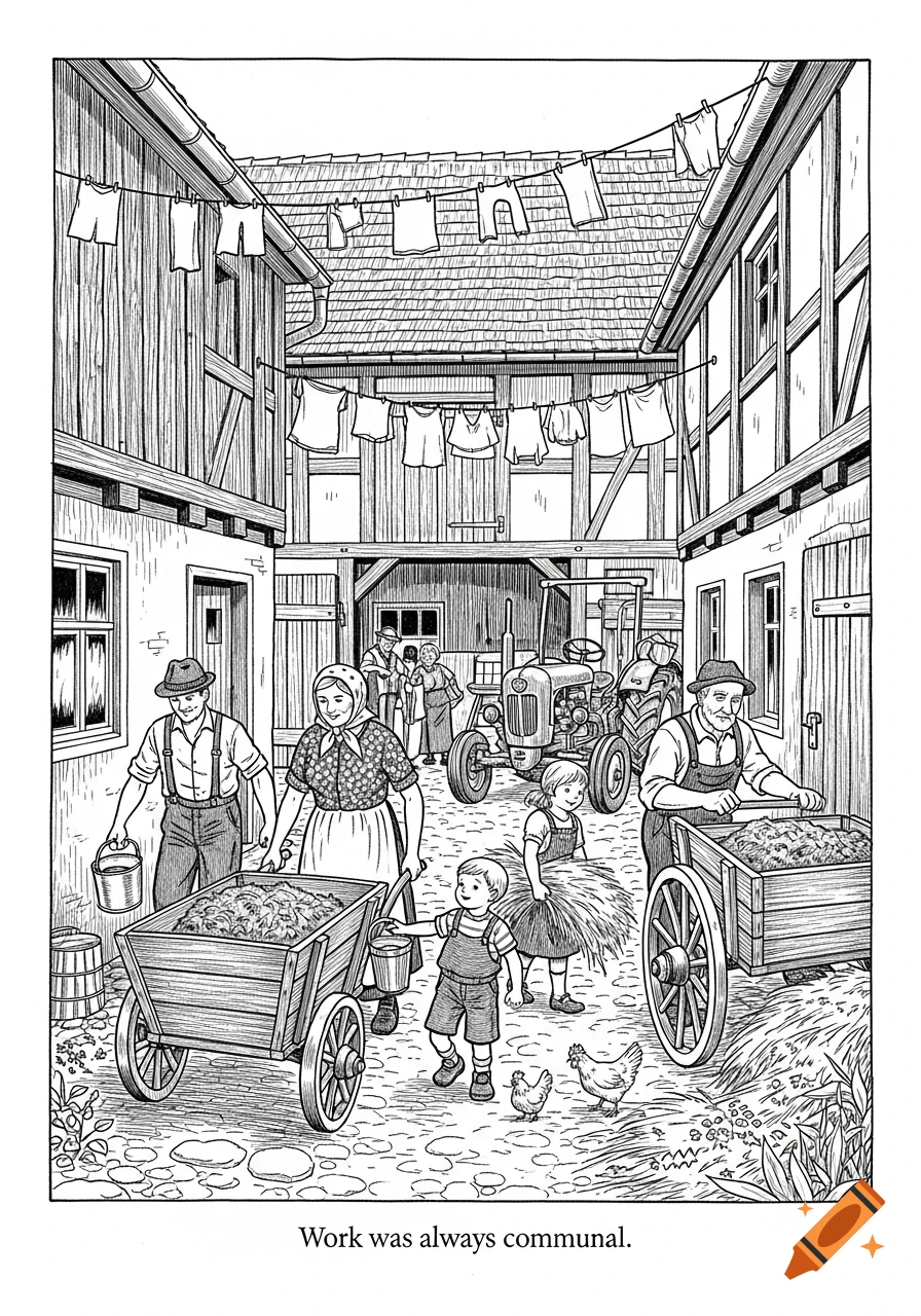 Highly detailed black-and-white linework illustration of villagers working in a crowded German courtyard with a tractor, laundry, and chickens.