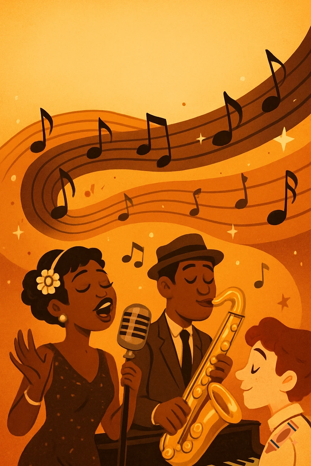 Cartoon illustration of a diverse jazz band: a woman singing, a man playing saxophone, and a person playing piano, against a warm orange background with music notes and stars.