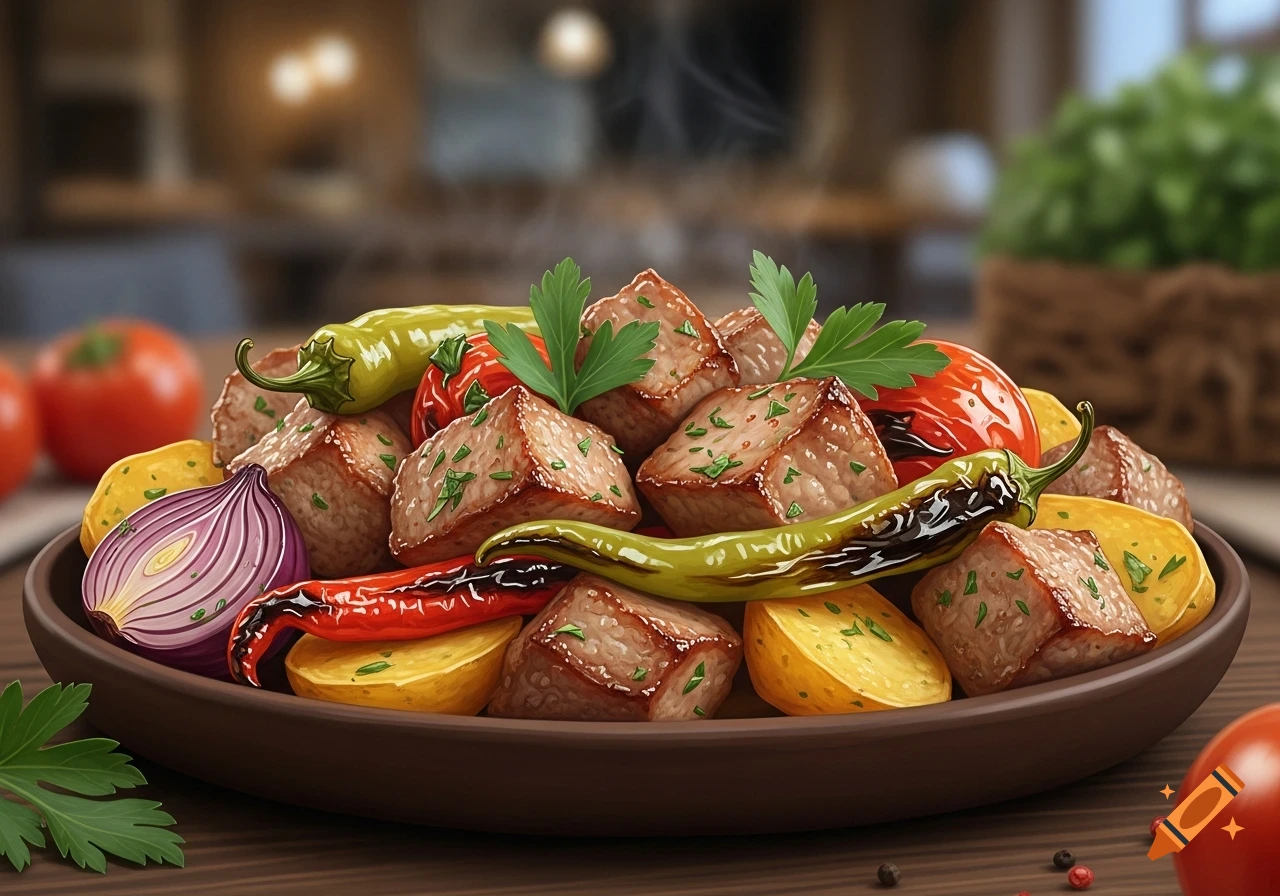 A plate of cubed meat, roasted potatoes, red and green peppers, red onion, and parsley, presented in a realistic style.