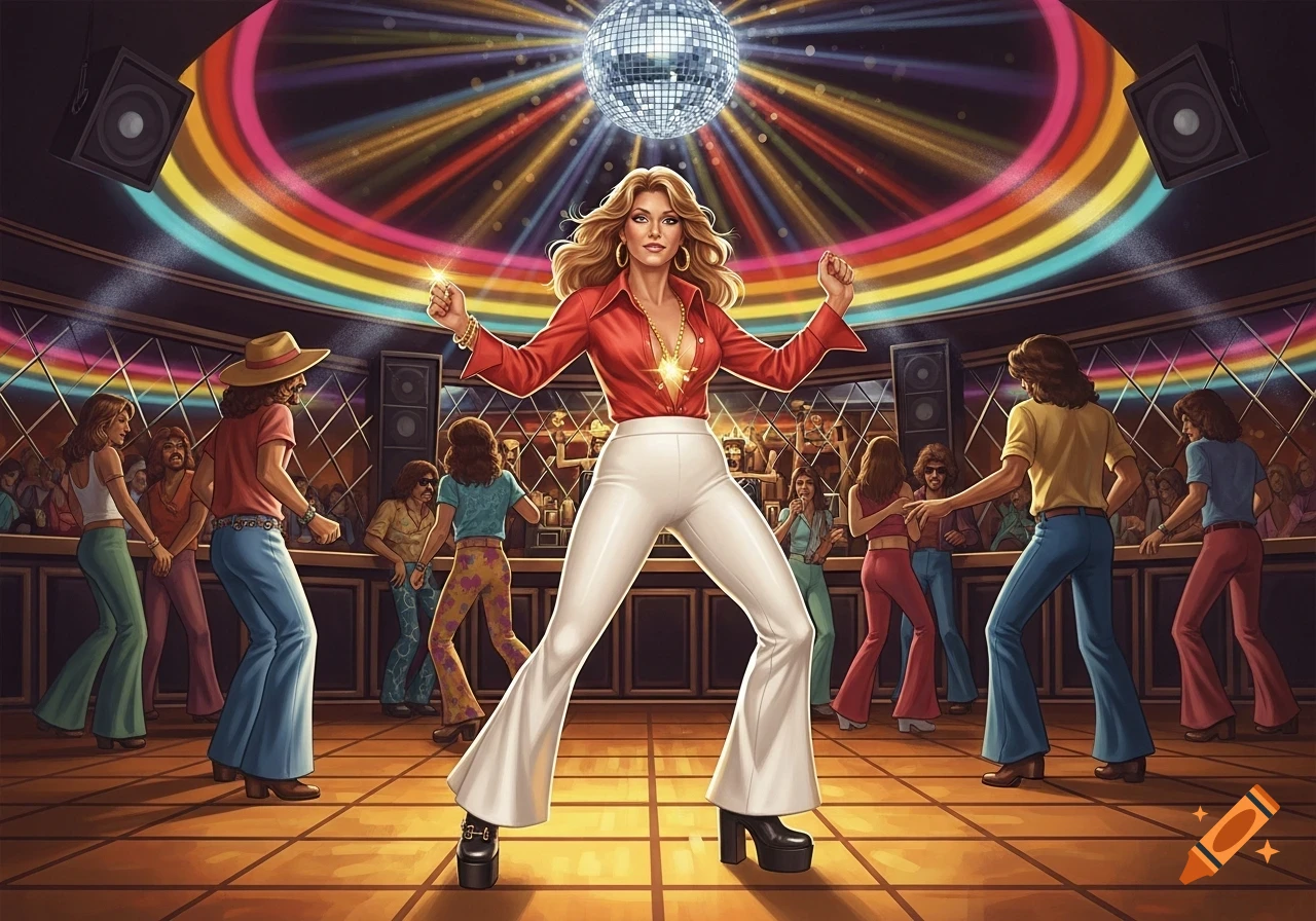 A woman in a red shirt, white bell-bottoms, and platform shoes dances at a 70s disco club under a disco ball.