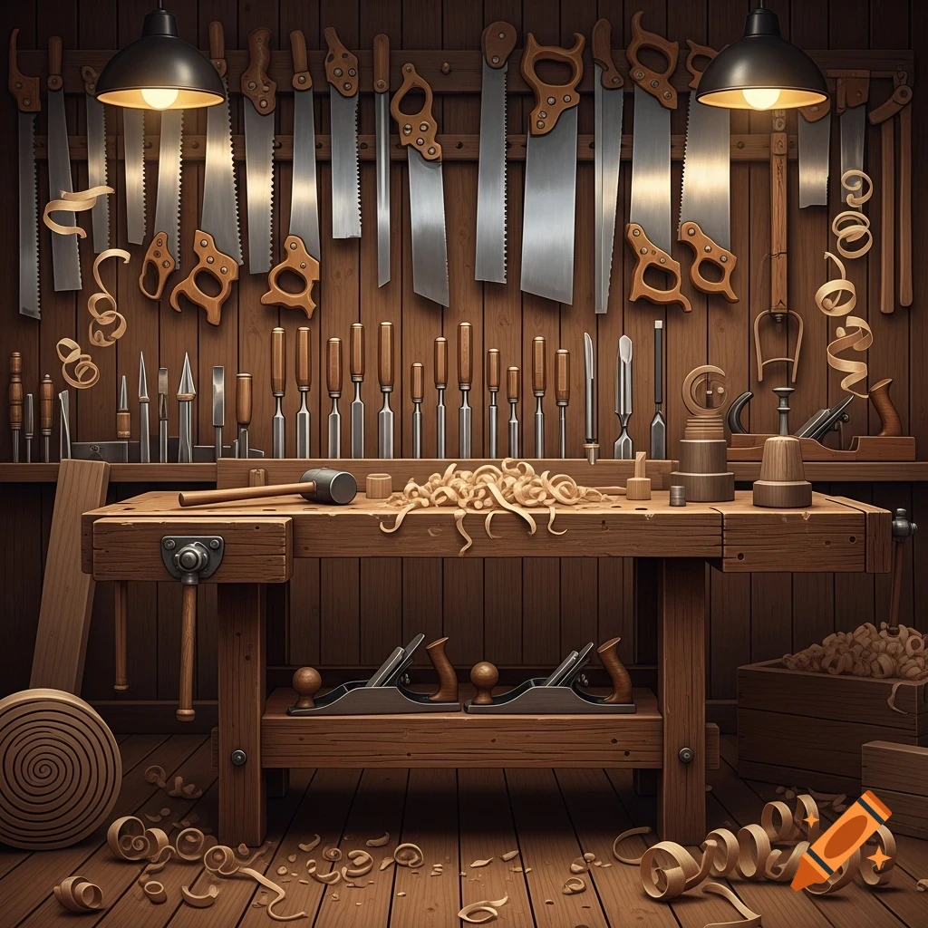 Woodworking shop interior with hand saws, chisels, and wood planes hanging on a wall and resting on a workbench, covered in wood shavings.