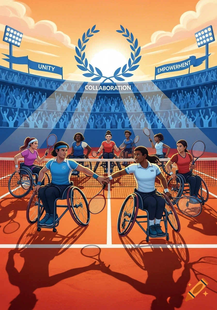 Illustration of diverse wheelchair tennis players on a court, holding hands. Banners above read 'UNITY', 'EMPOWERMENT', and 'COLLABORATION'.