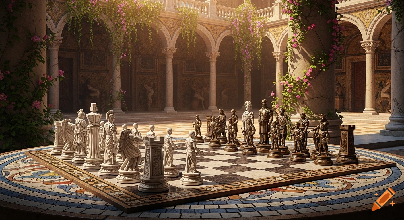 A classical-style chess set with white and bronze pieces featuring Roman figures, set on an ornate chessboard in a grand, ivy-covered ancient Roman courtyard.