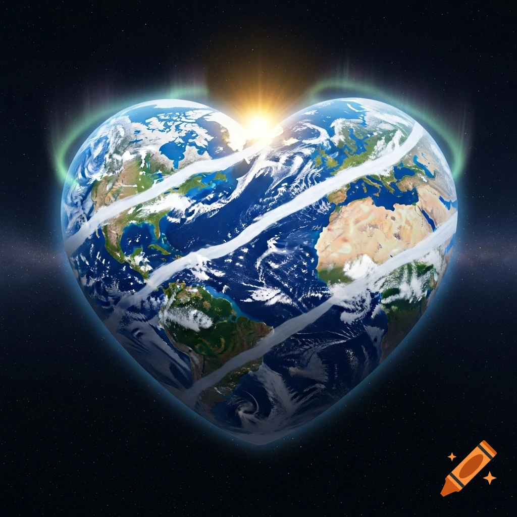 A heart-shaped Earth glows in space, illuminated by a sunrise, with stylized clouds forming white stripes across its surface and a faint green aurora.