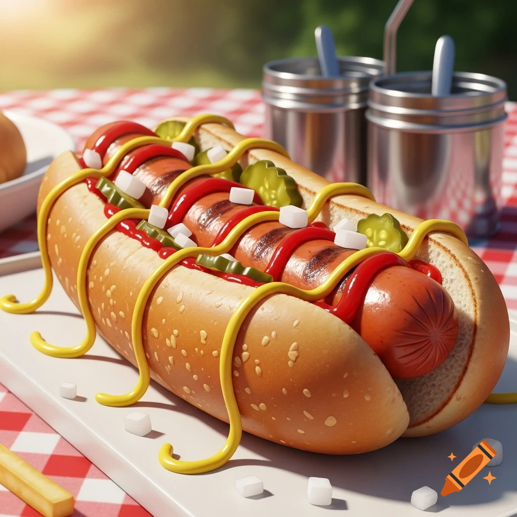 Stylized hotdog with mustard, ketchup, pickles, and diced onions on a bun, set on a red checkered tablecloth.