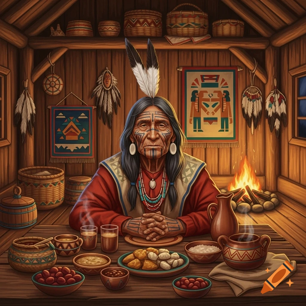 Elderly indigenous person with face paint and feather headwear at a table of traditional food in a rustic cabin with a fireplace.