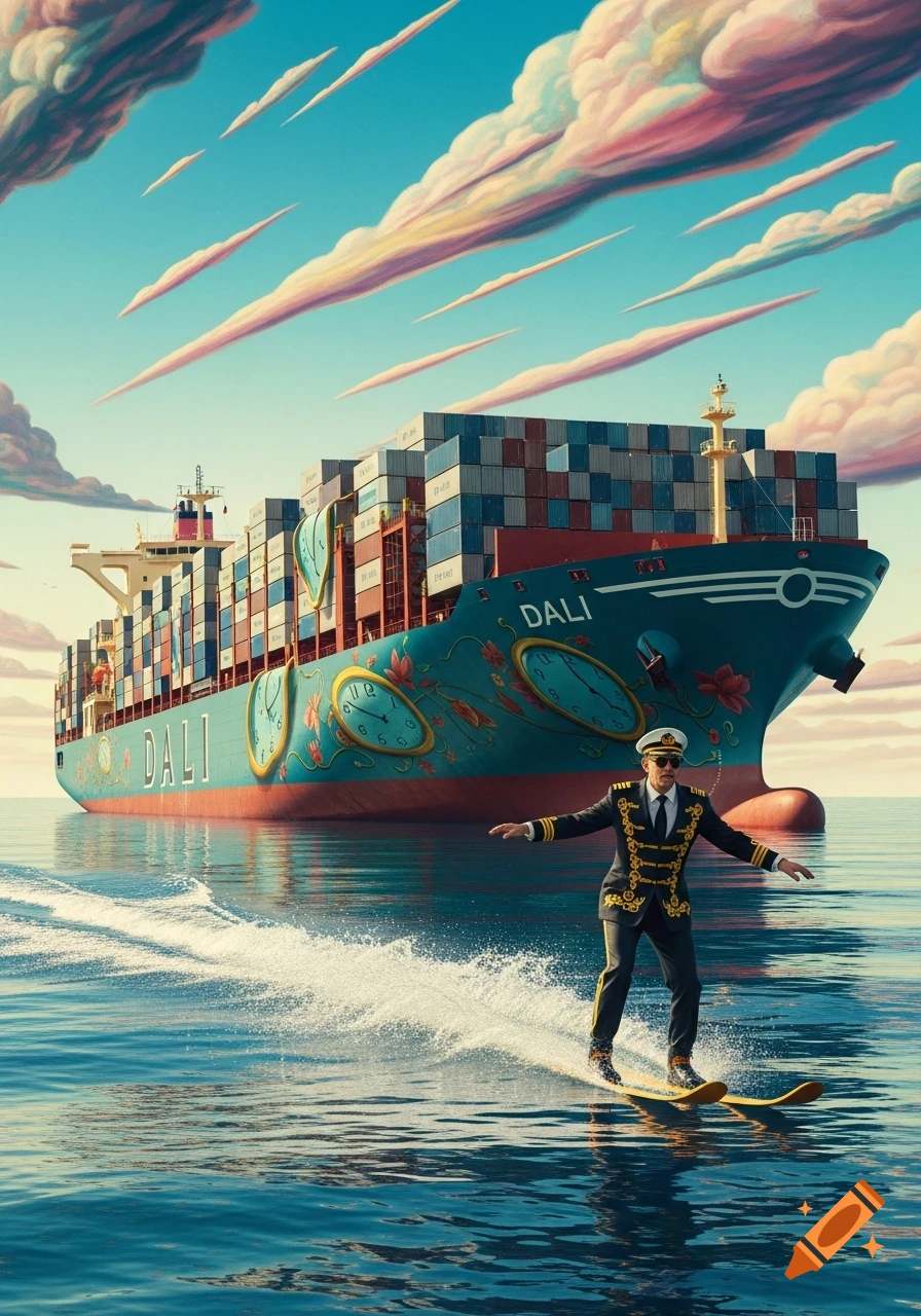 A uniformed captain water skis behind a large surreal container ship with melting clocks under a blue sky.