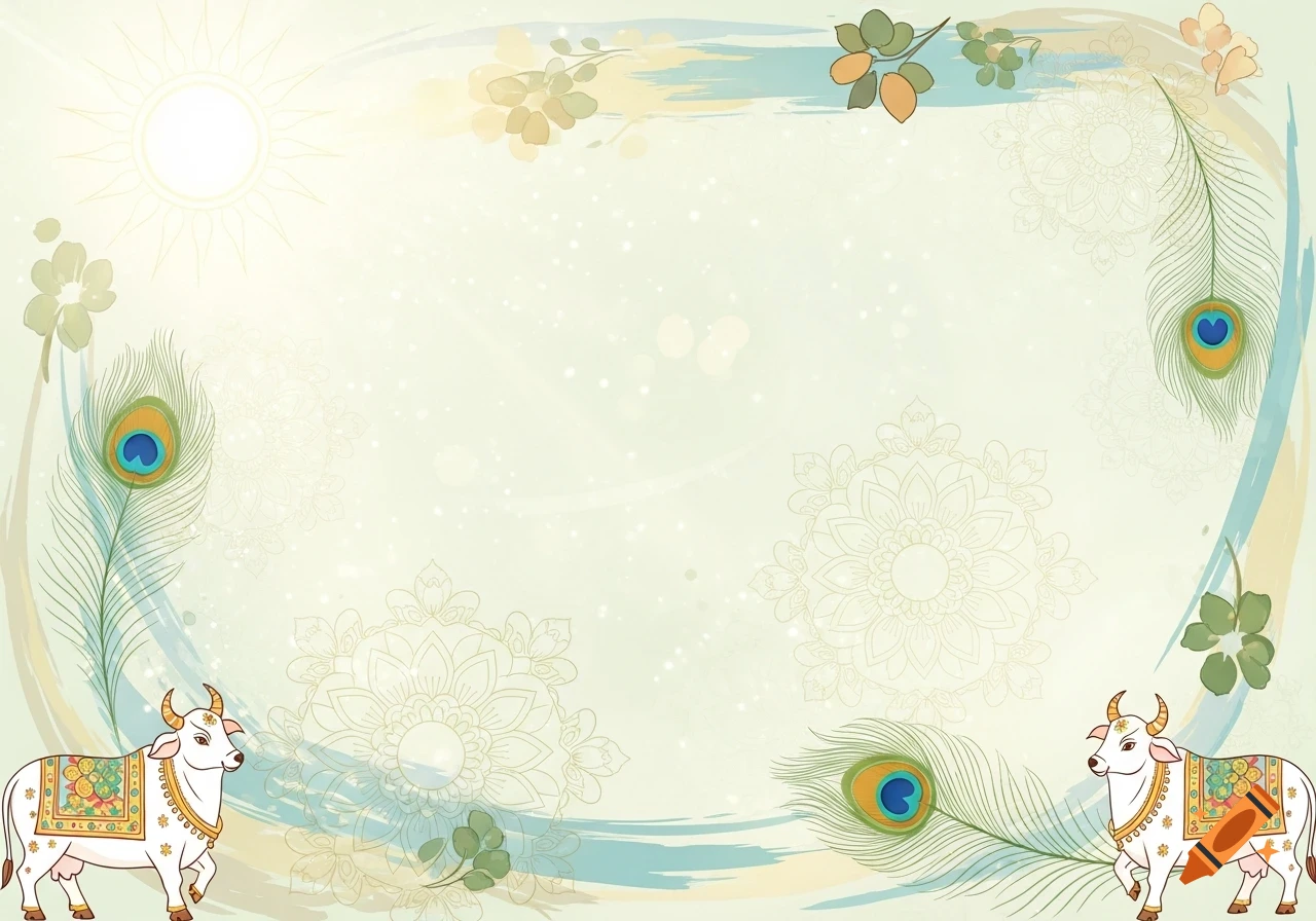 A light, decorative background for an Indian calendar, featuring two adorned white cows, peacock feathers, sun motif, and subtle mandala patterns.