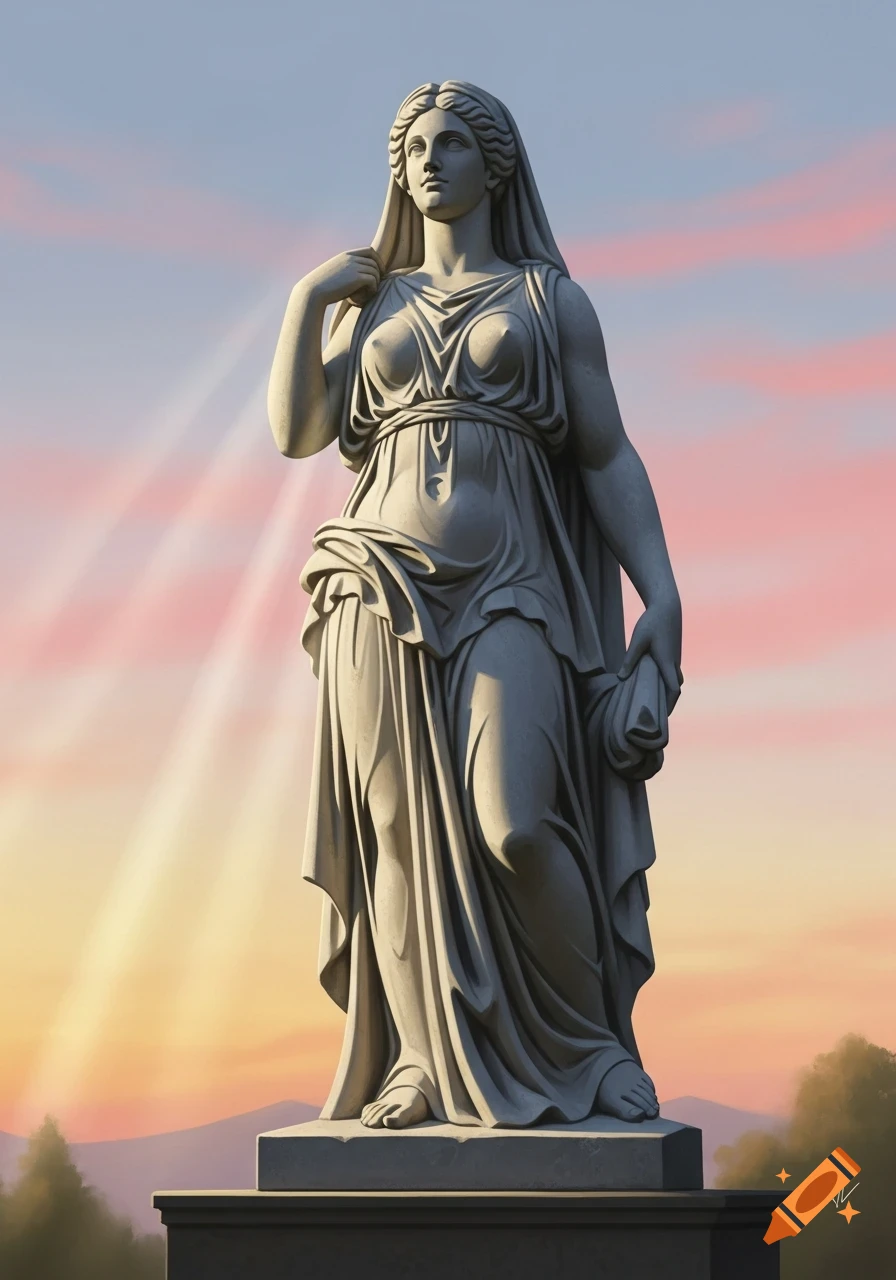 A classical stone statue of a draped woman stands on a pedestal against a sky with hues of pink, orange, and blue, with sunrays.