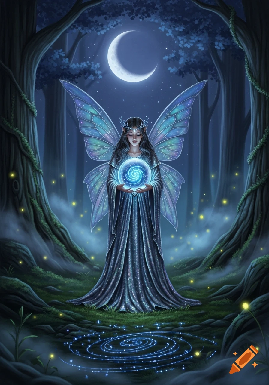 A mystical fairy with blue wings holds a glowing magical orb in a dark, moonlit forest with ethereal light patterns.