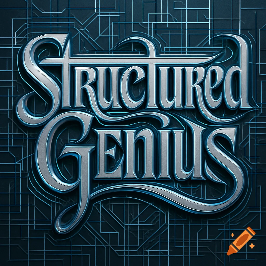 Stylized silver and blue text reading 'Structured Genius' over a dark blue circuit board background.