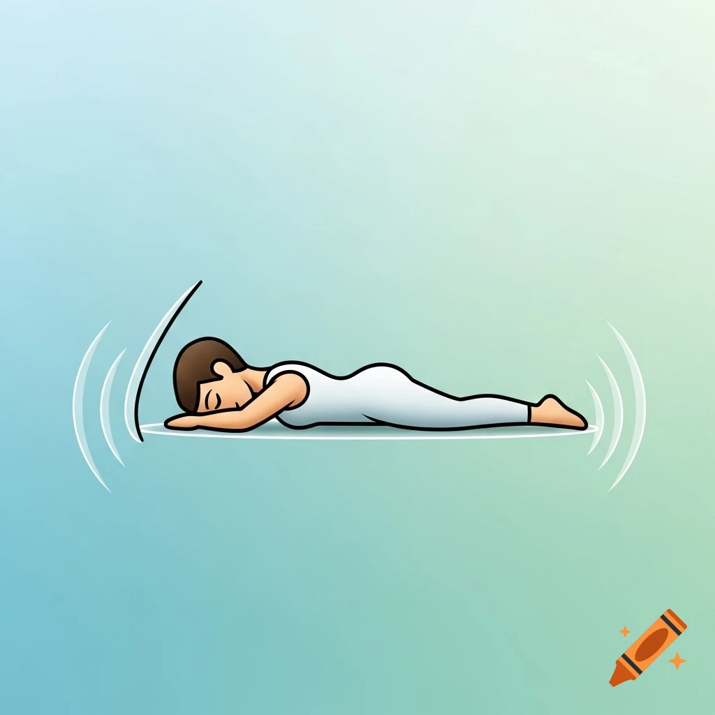 A cartoon person in a white bodysuit lies face down in a yoga pose, with wavy lines around their head and feet.