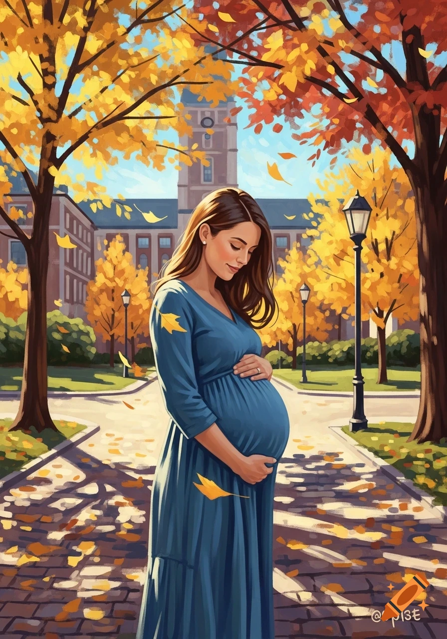 A pregnant woman in a blue dress stands on a path in an autumn university campus with golden trees. Impressionistic style.