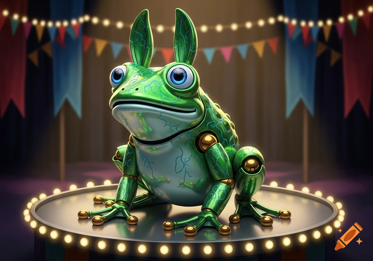 A vibrant green animatronic frog with bunny ears and large blue eyes sits on a spotlighted stage, with colorful circus banners in the background.