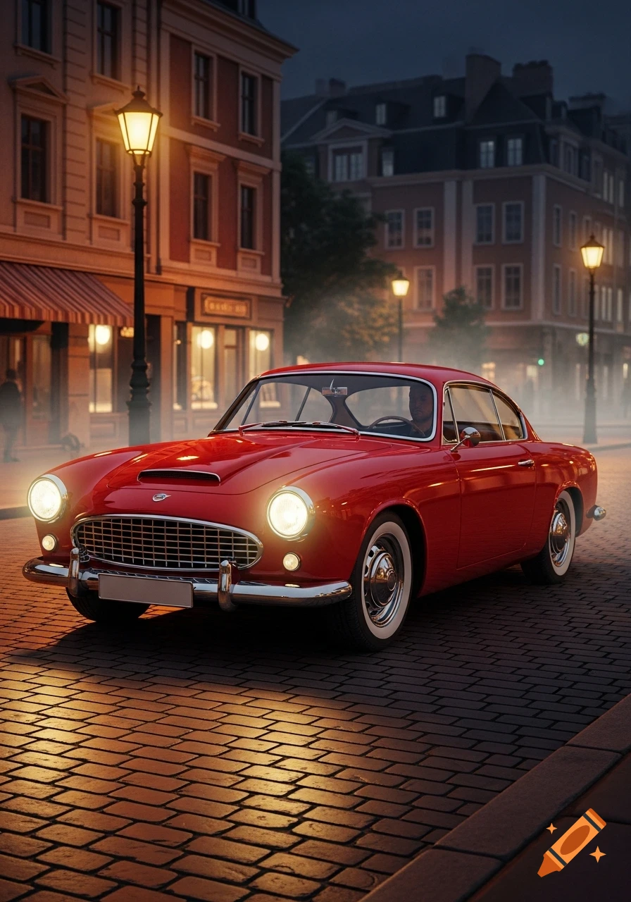 A vibrant red vintage coupe is parked on a wet cobblestone street at night, illuminated by streetlights in a city.