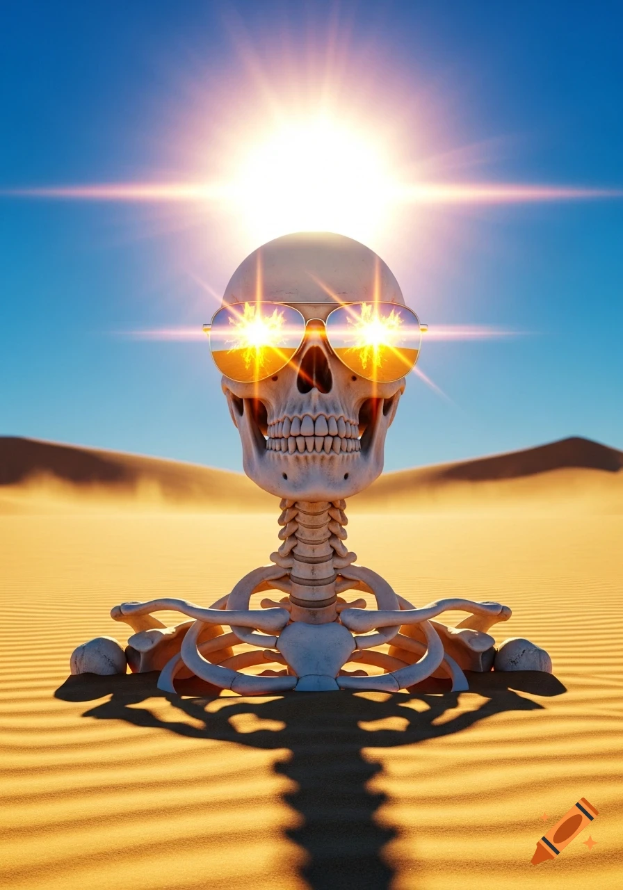 A skeleton head and upper torso with sunglasses in a sunny desert landscape. The sun shines brightly above, reflecting in the glasses.