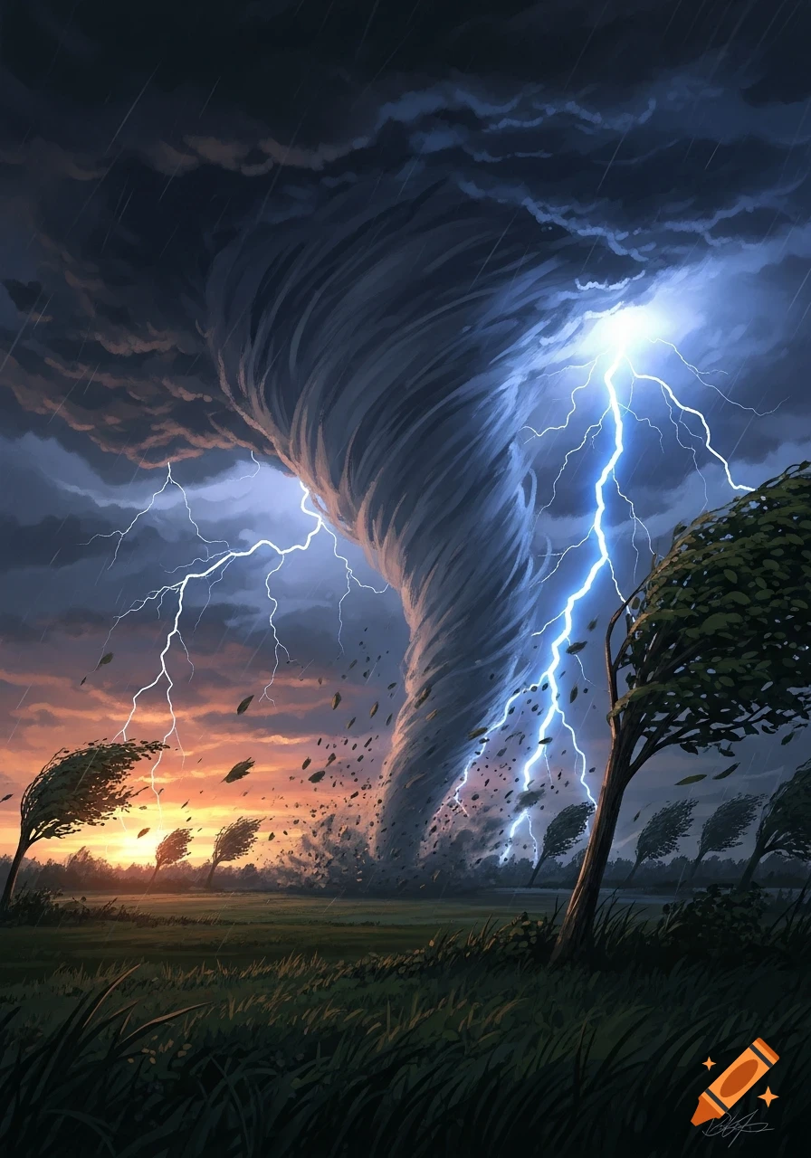 A powerful tornado rips through a field at sunset, illuminated by intense lightning strikes, with trees bending in the wind.