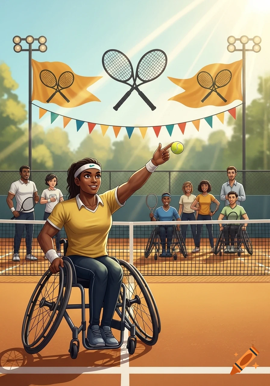 Illustrated scene of a woman in a wheelchair playing tennis, serving the ball on a sunny outdoor court with other players.