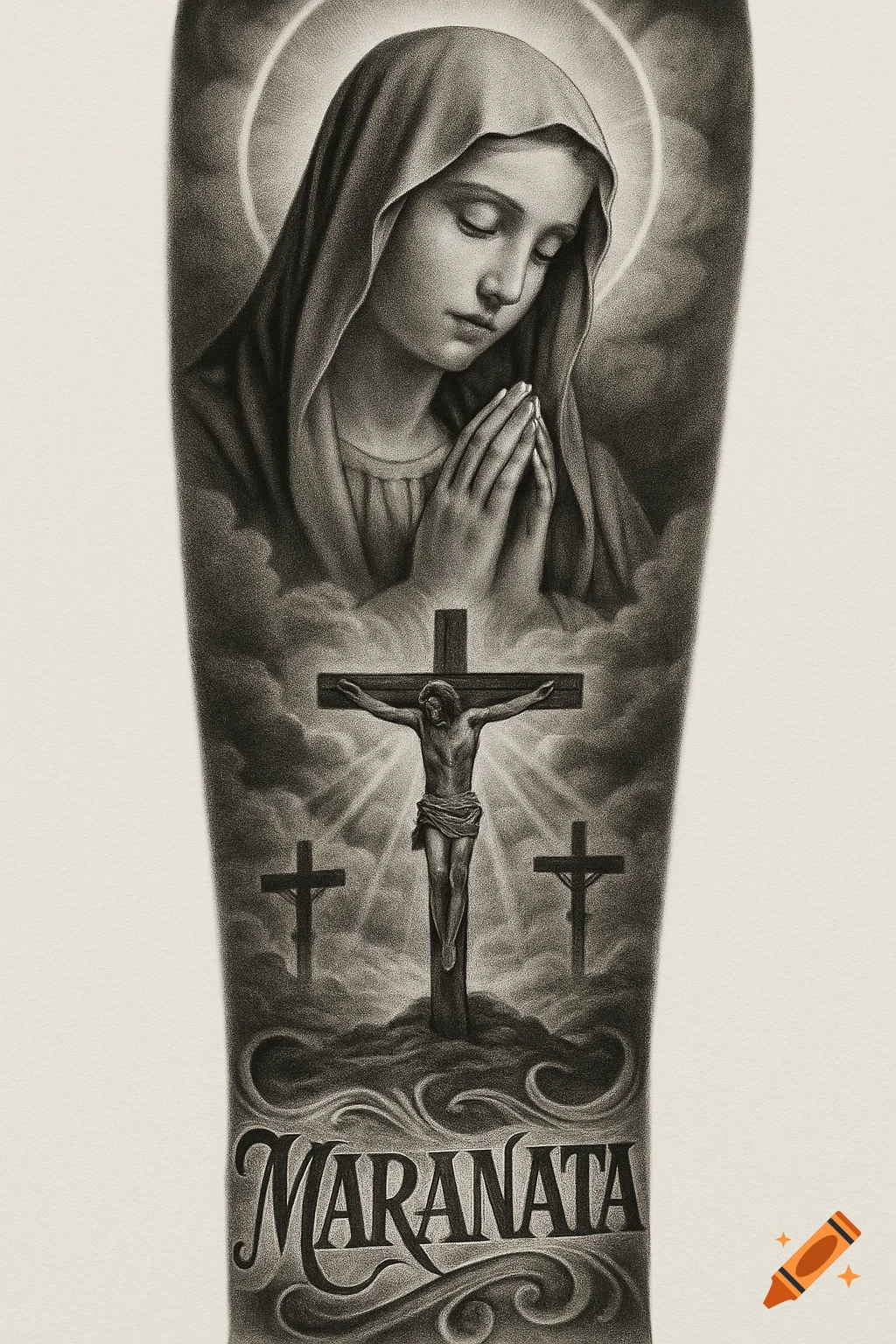 Hyper-detailed black and grey tattoo design of Virgin Mary praying above Jesus crucified, with 'MARANATA' text.