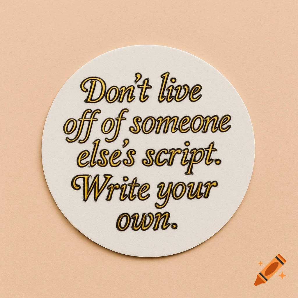 A round sticker on a peach background with the quote: "Don't live off of someone else's script. Write your own." in gold letters with a black outline.