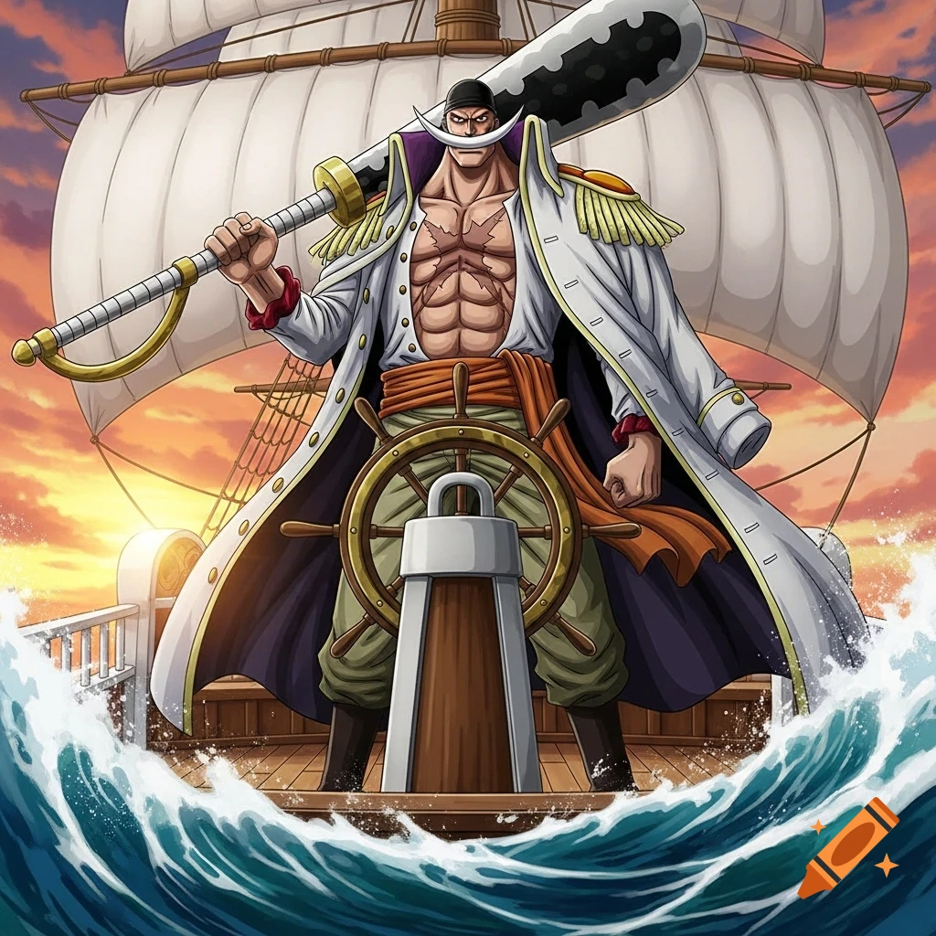 Whitebeard from One Piece stands at the helm of a pirate ship, holding his bisento against a sunset sky.