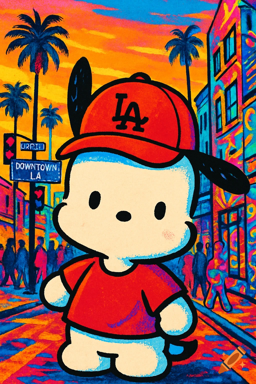 Stylized illustration of Pochacco wearing a red LA hat, standing in a vibrant, colorful downtown Los Angeles street scene with palm trees.