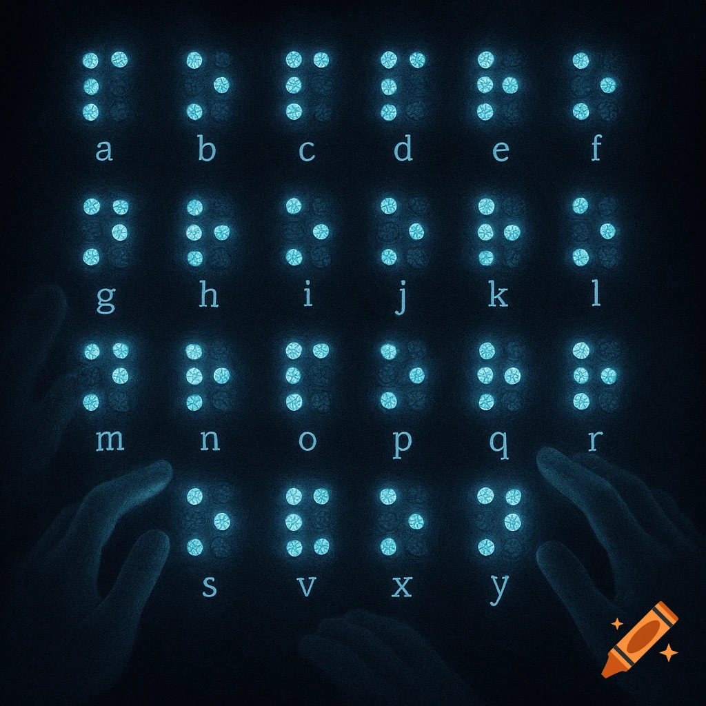 Glowing Braille alphabet cells from 'a' to 'y' on a dark background, with hands touching the bottom rows.