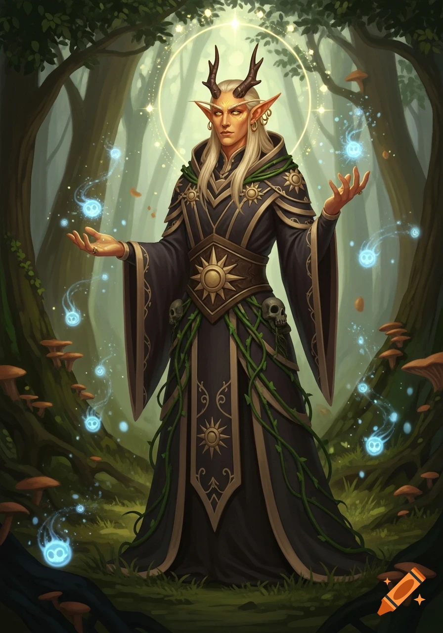 A horned male elf in dark robes stands in a magical forest, conjuring glowing blue orbs.