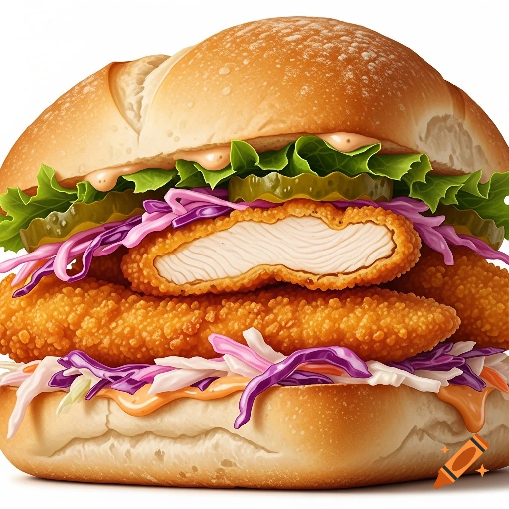 A photorealistic crispy chicken sandwich with lettuce, pickles, purple and white coleslaw, and sauce on a bun, with a cut chicken piece.