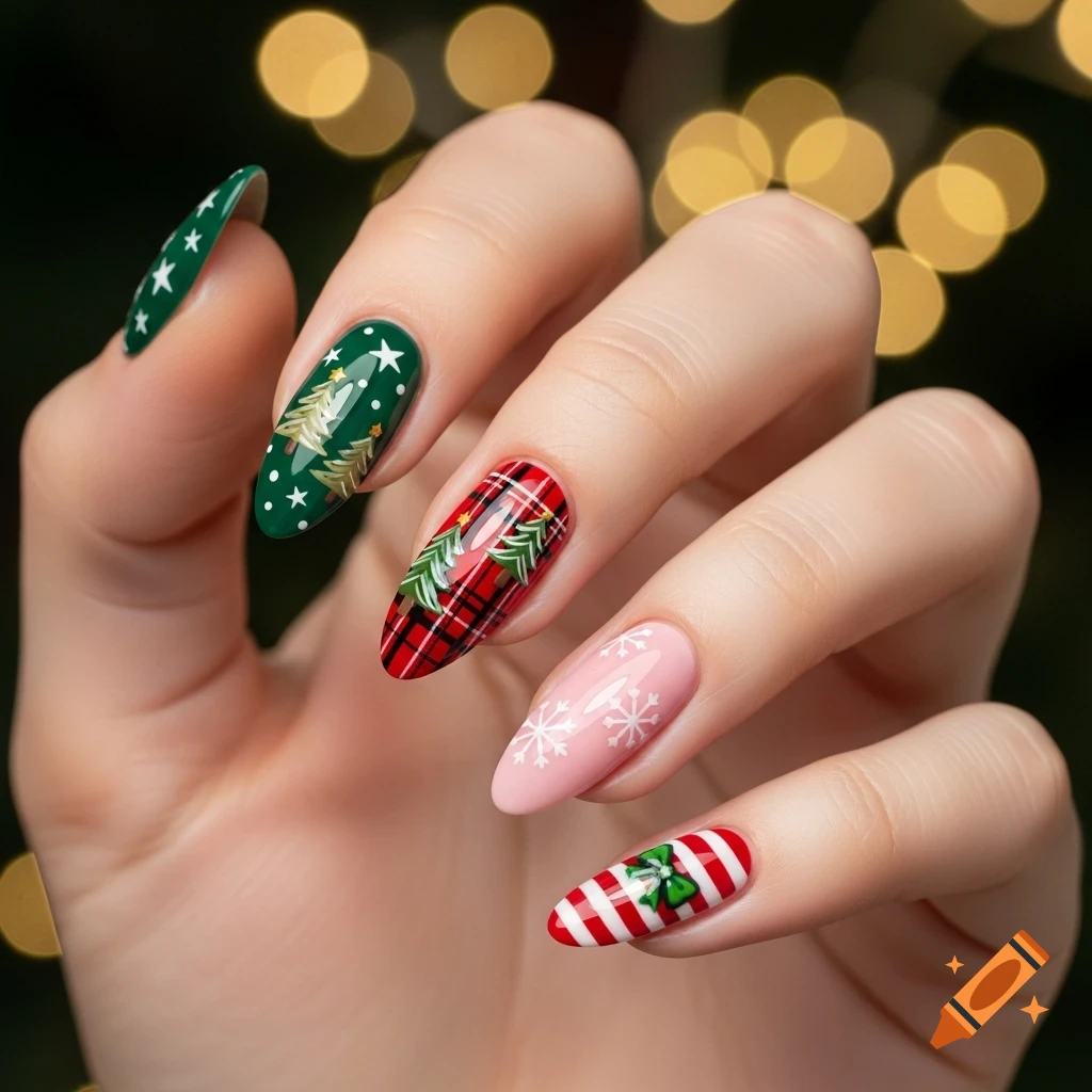 A feminine hand displays almond-shaped Christmas nail art featuring stars, trees, plaid, snowflakes, and candy cane stripes with a bow, against blurred golden lights.