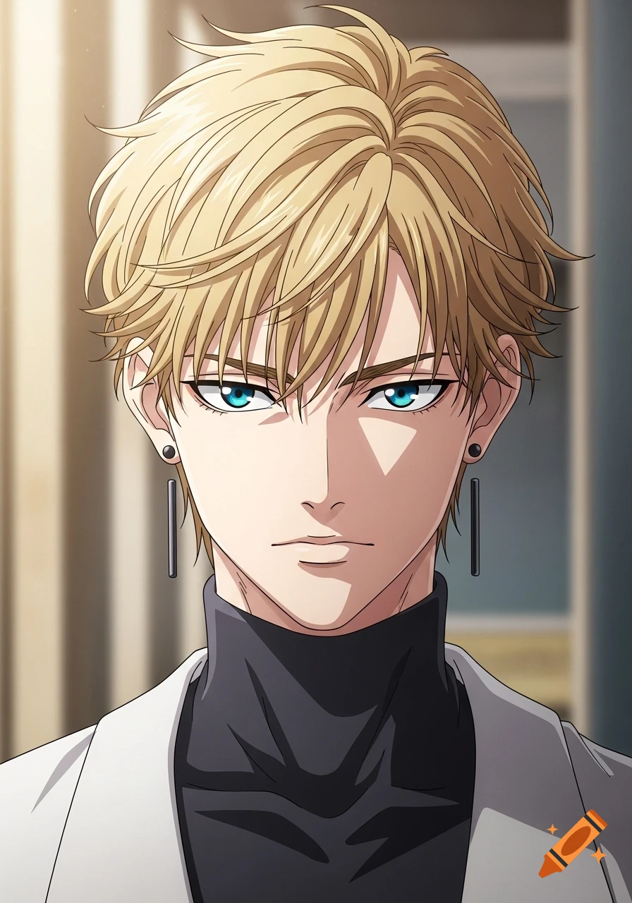 Anime-style portrait of a blonde-haired male with blue eyes, black turtleneck, white jacket, and black ear piercings.
