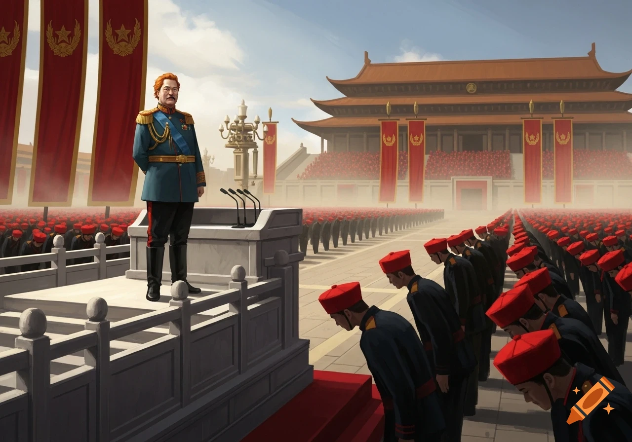 A man in a blue military uniform stands at a podium before a large crowd of bowing soldiers in red hats, with a grand building in the background.