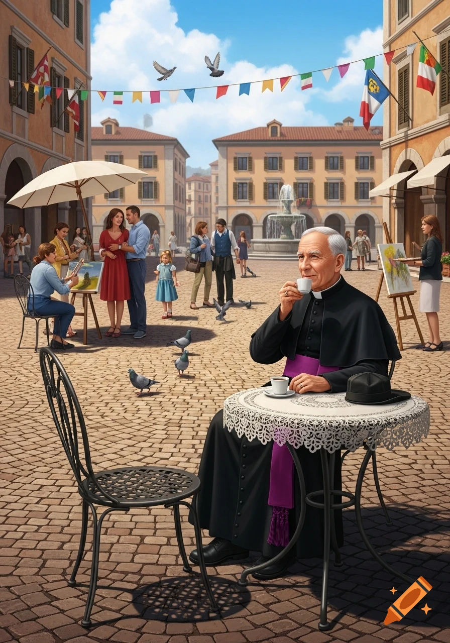 An elderly priest sips coffee at a cafe table in a lively Italian town square with artists, couples, pigeons, and a fountain under colorful flags.