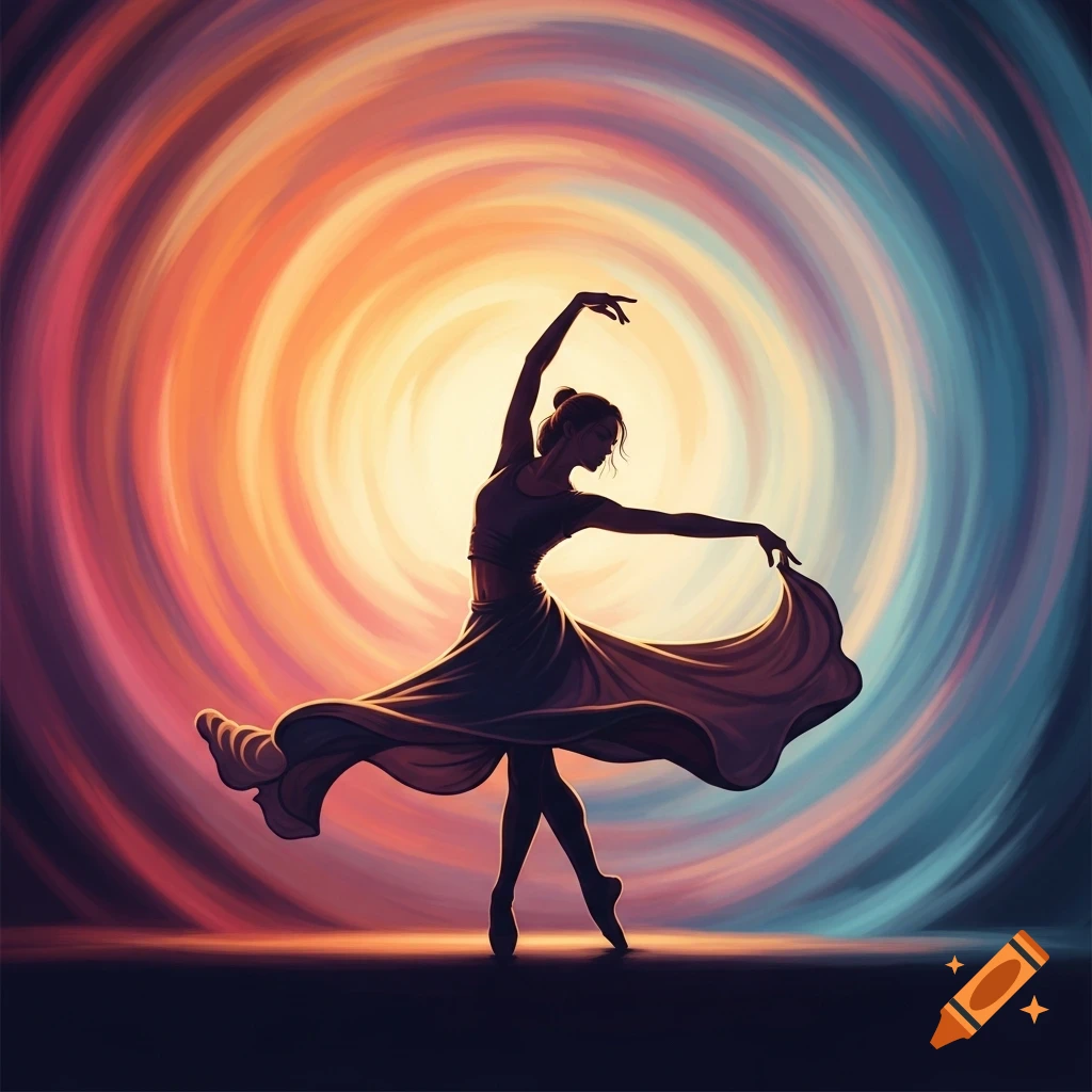 Silhouette of a ballet dancer in pointe shoes against a vibrant, swirling orange and blue background.