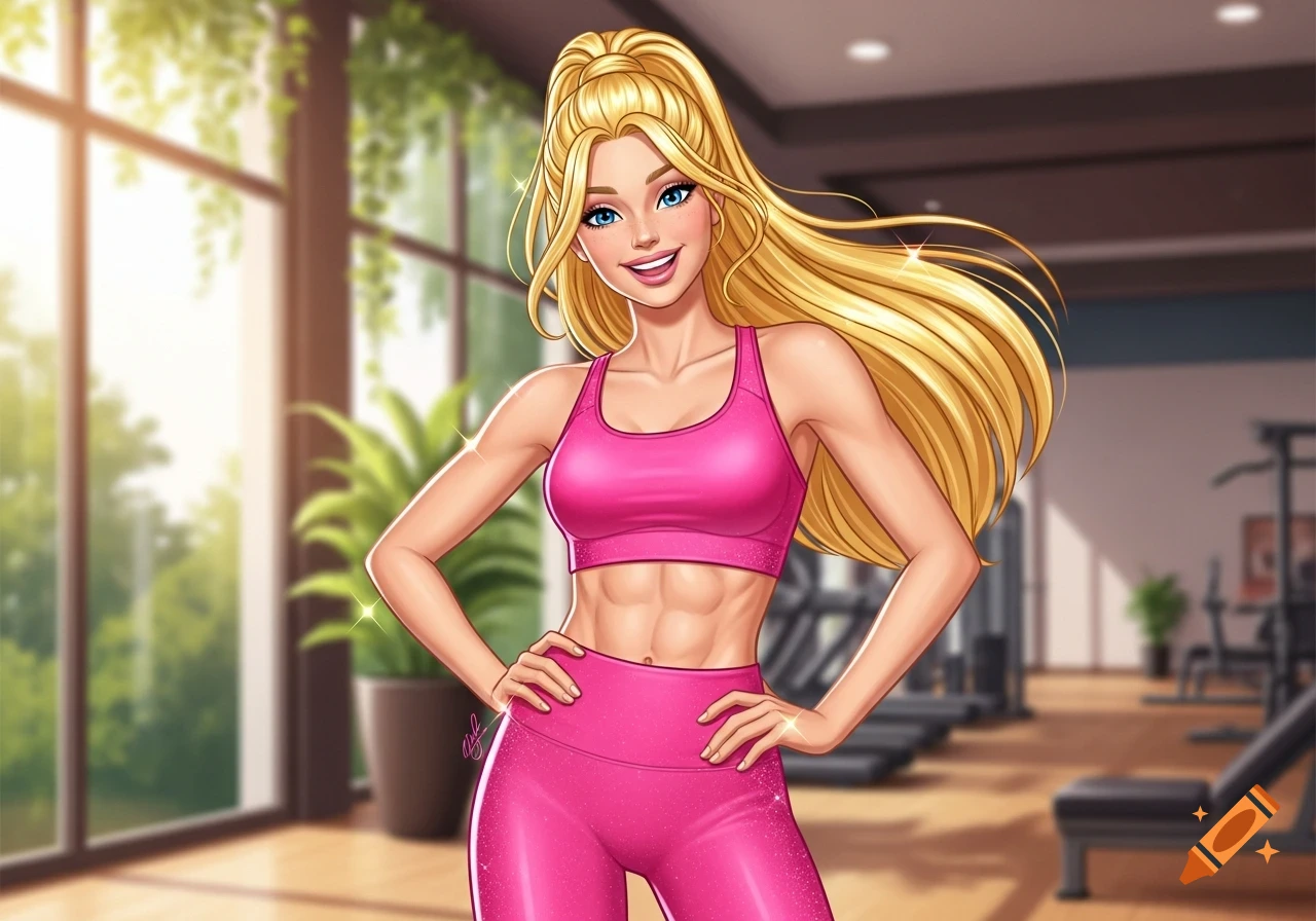 Cartoon illustration of a smiling Barbie-like woman with a six-pack, wearing a pink sports bra and leggings, posing in a sunny gym.