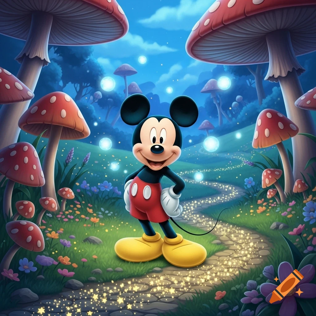 Mickey Mouse smiles, hands on hips, on a sparkling path in a whimsical cartoon forest with giant red mushrooms and glowing orbs.