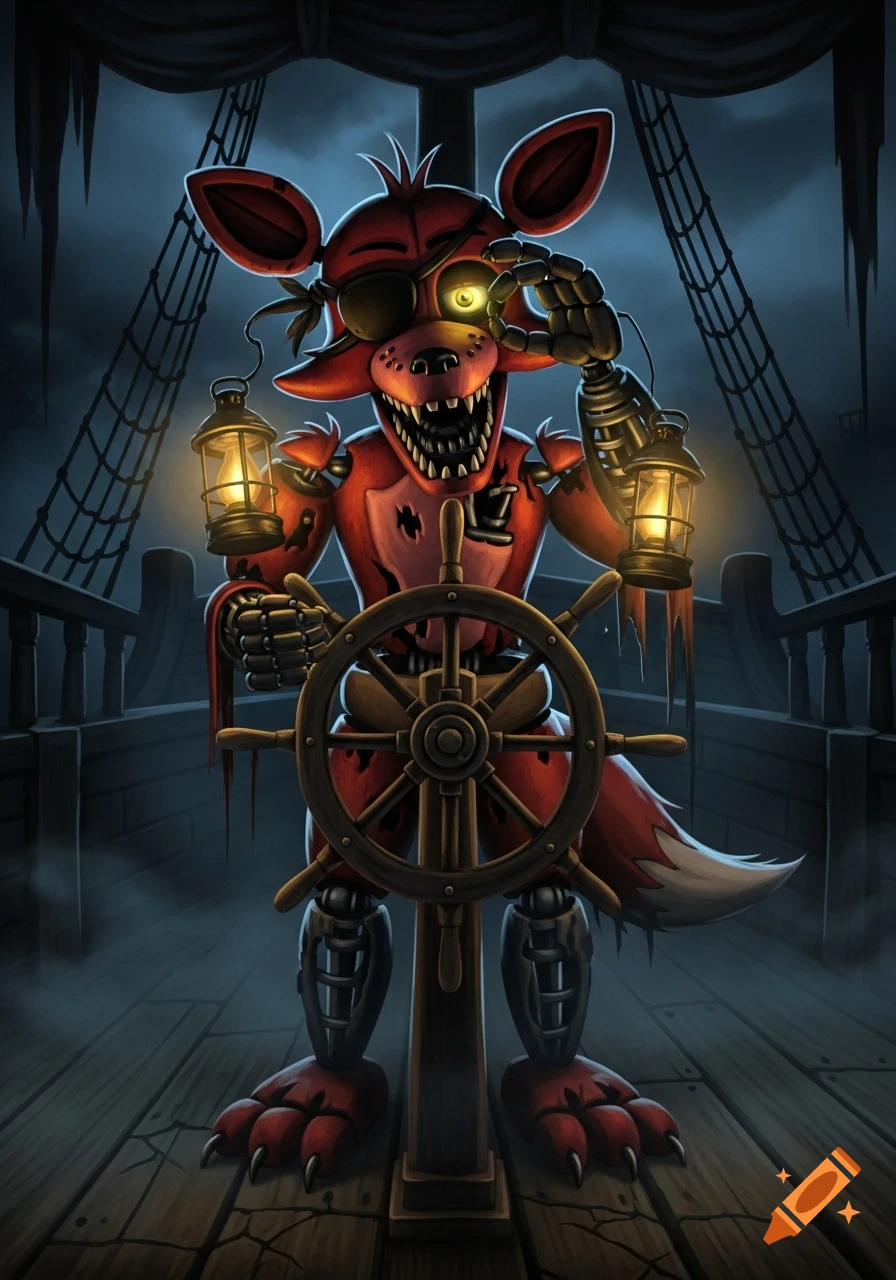 The pirate fox animatronic Foxy from Five Nights at Freddy's stands at a ship's wheel, holding lanterns on a dark deck.