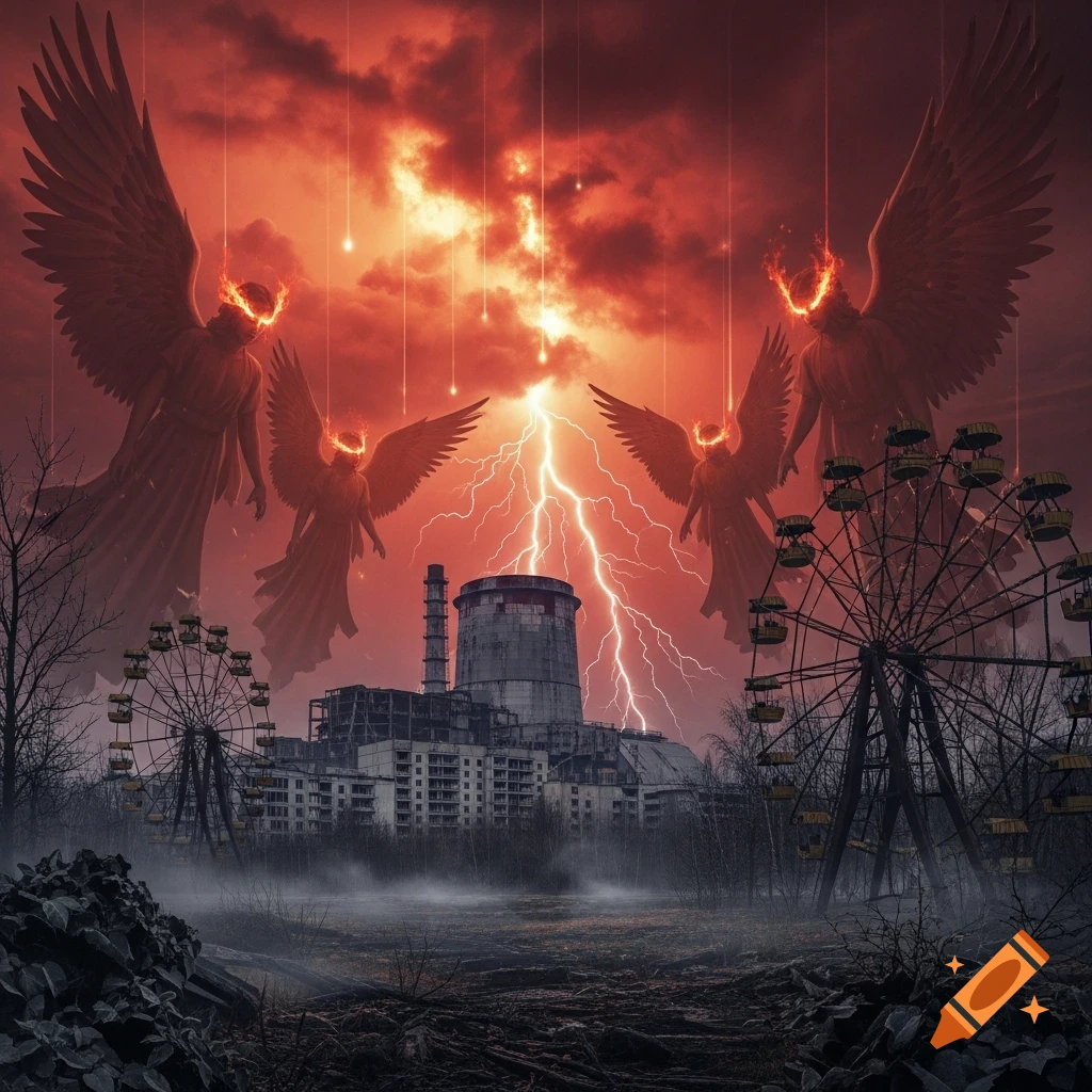 Large winged figures with fiery halos hover over a desolate Chernobyl power plant and abandoned ferris wheels under a stormy red sky with lightning.