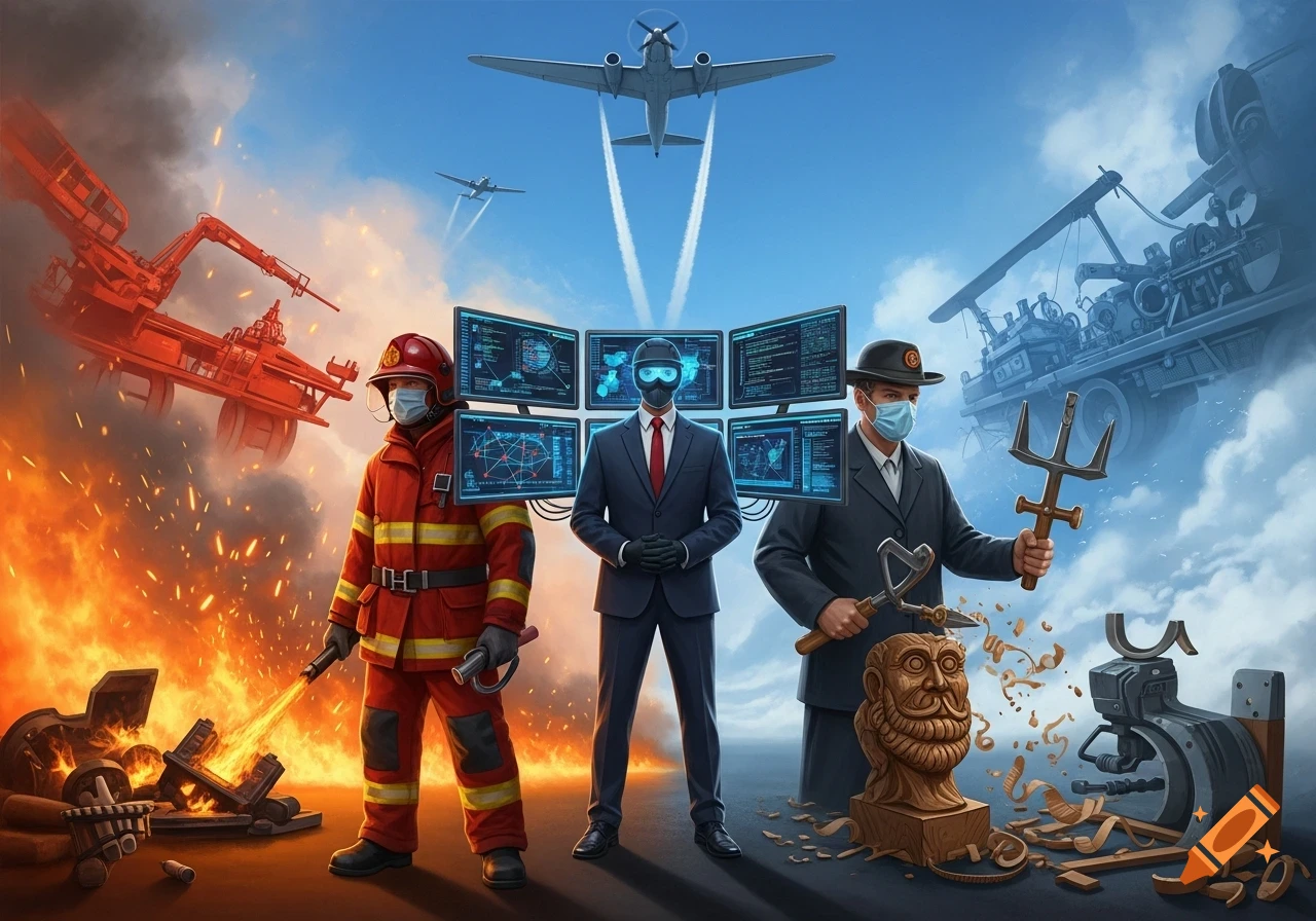 A firefighter battling flames, an IT professional with multiple screens, and a craftsman carving wood, with airplanes flying overhead.