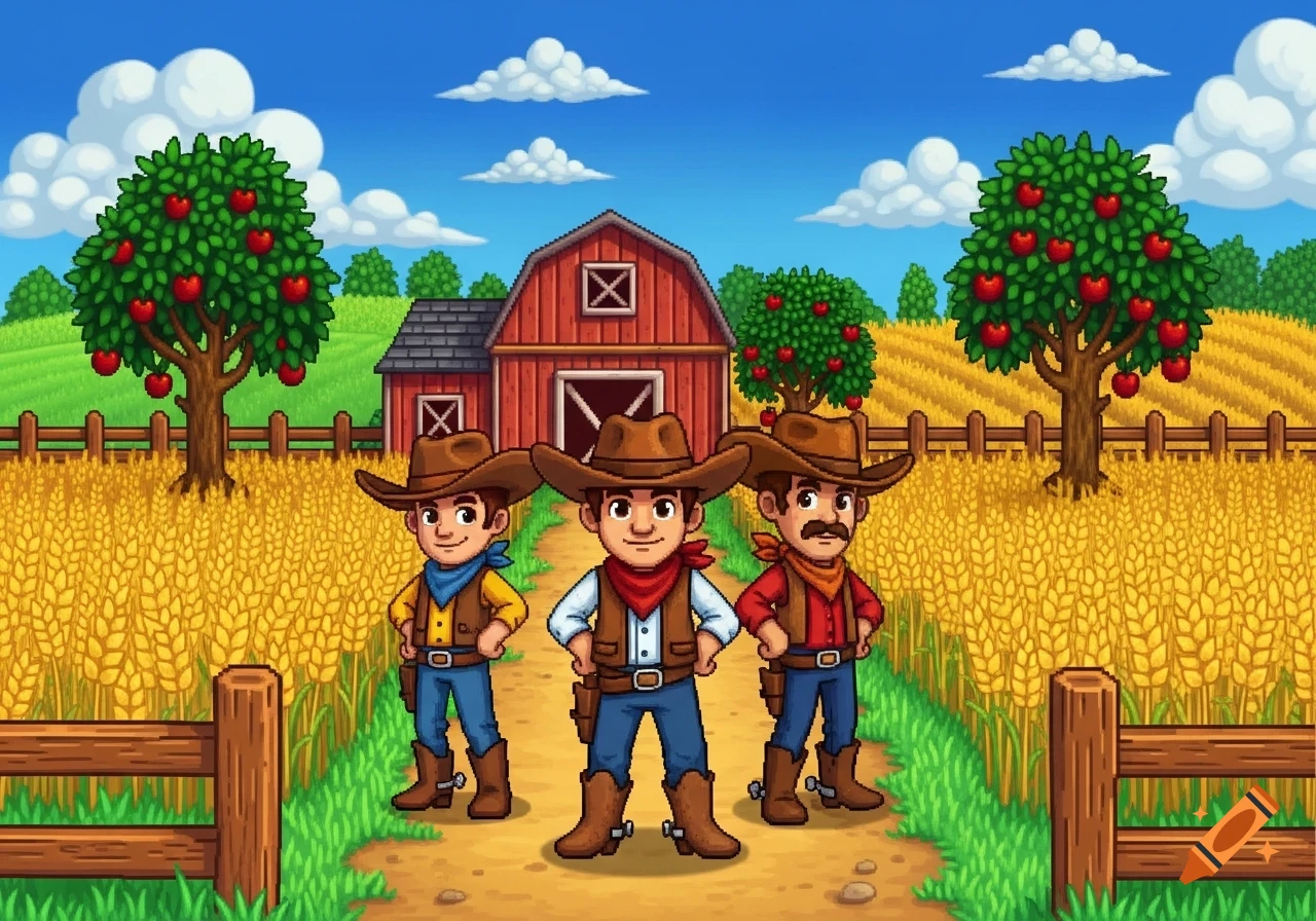 Three cowboys stand on a path in a vibrant pixel art farm with a red barn, wheat fields, and apple trees under a blue sky, in Stardew Valley style.