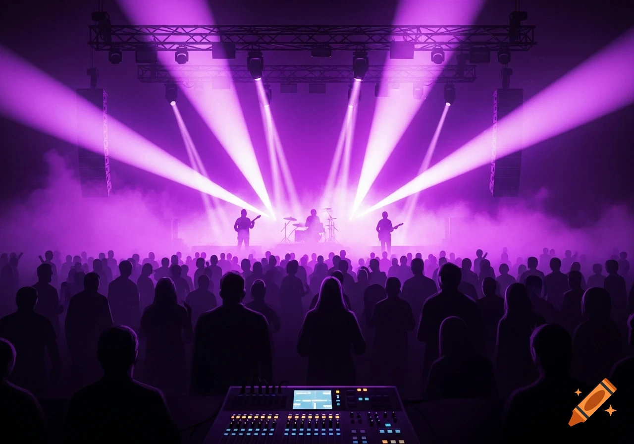 A concert scene with a band performing on stage under dramatic purple spotlights, viewed from behind a silhouetted crowd and a sound mixing console.