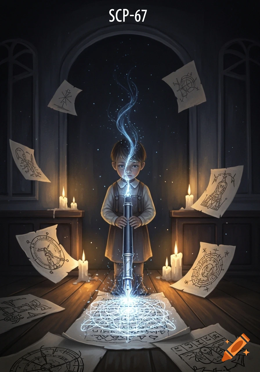 A child holds a glowing staff, surrounded by floating arcane papers and candles, conducting a ritual in a dark, mystical room.