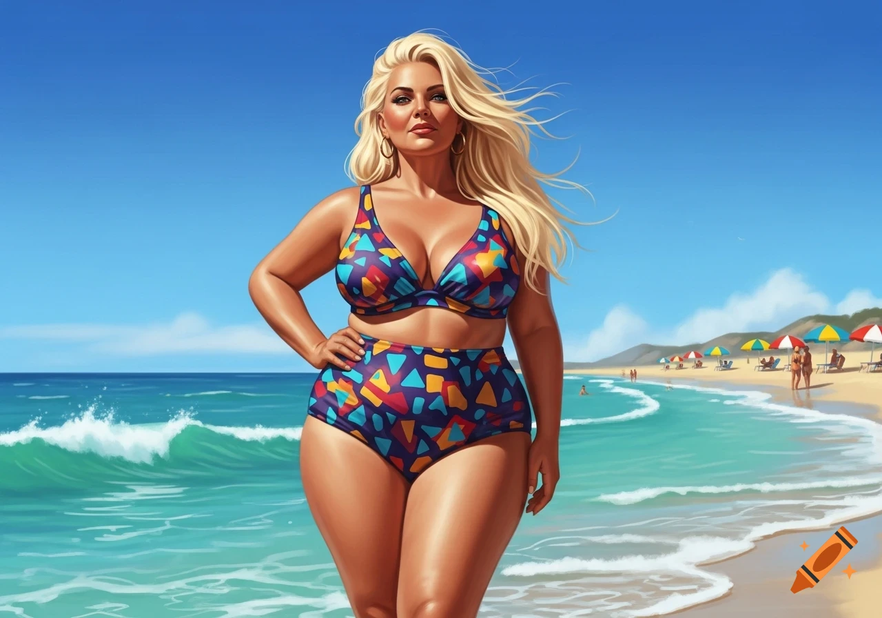 A blonde, curvy woman in a colorful two-piece swimsuit stands confidently on a sunny beach with waves crashing.