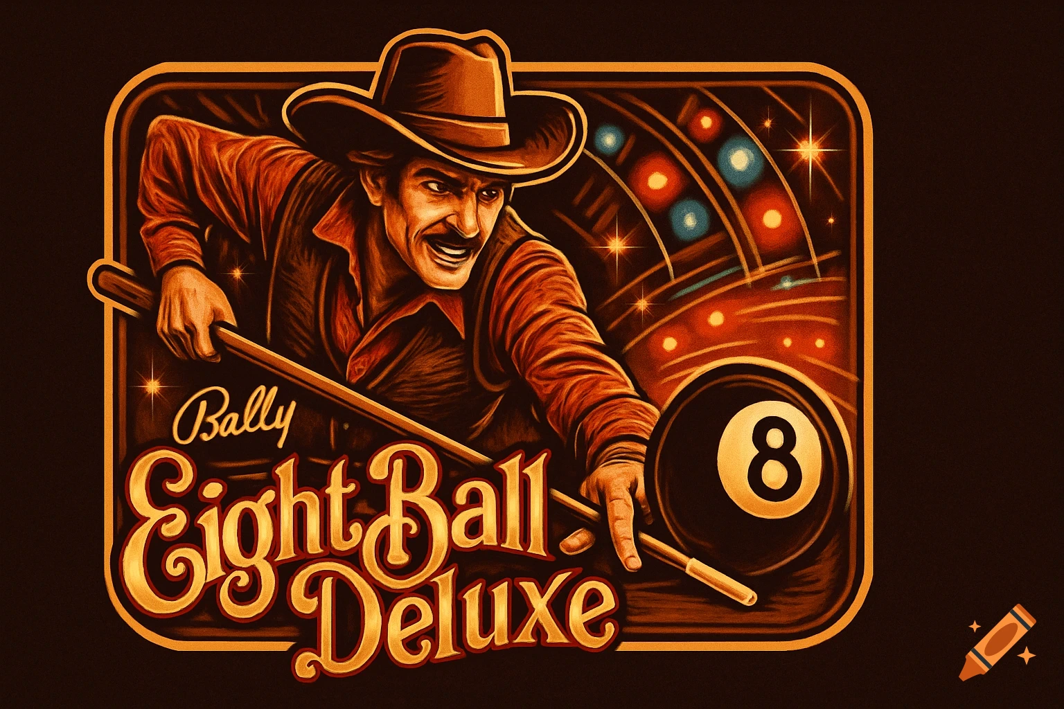 Vintage-style logo for Bally Eight Ball Deluxe featuring a cowboy playing billiards, with an 8-ball and pinball machine lights in the background.