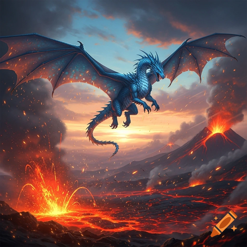 A blue dragon flies over an active volcanic landscape with erupting lava and fiery skies, fantasy art.