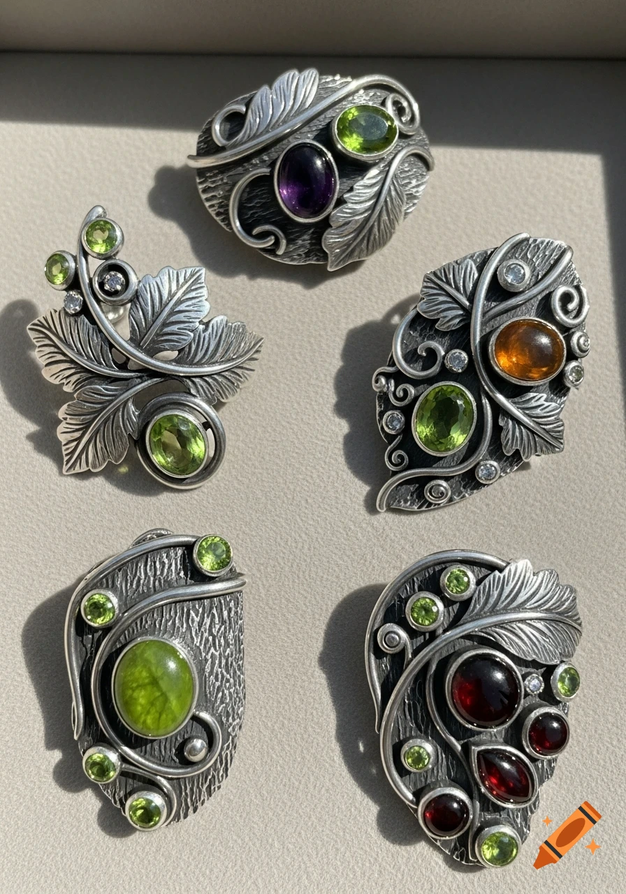 Five nature-inspired silver jewelry pieces with peridot, amethyst, amber, and garnet gemstones, arranged on a light background.