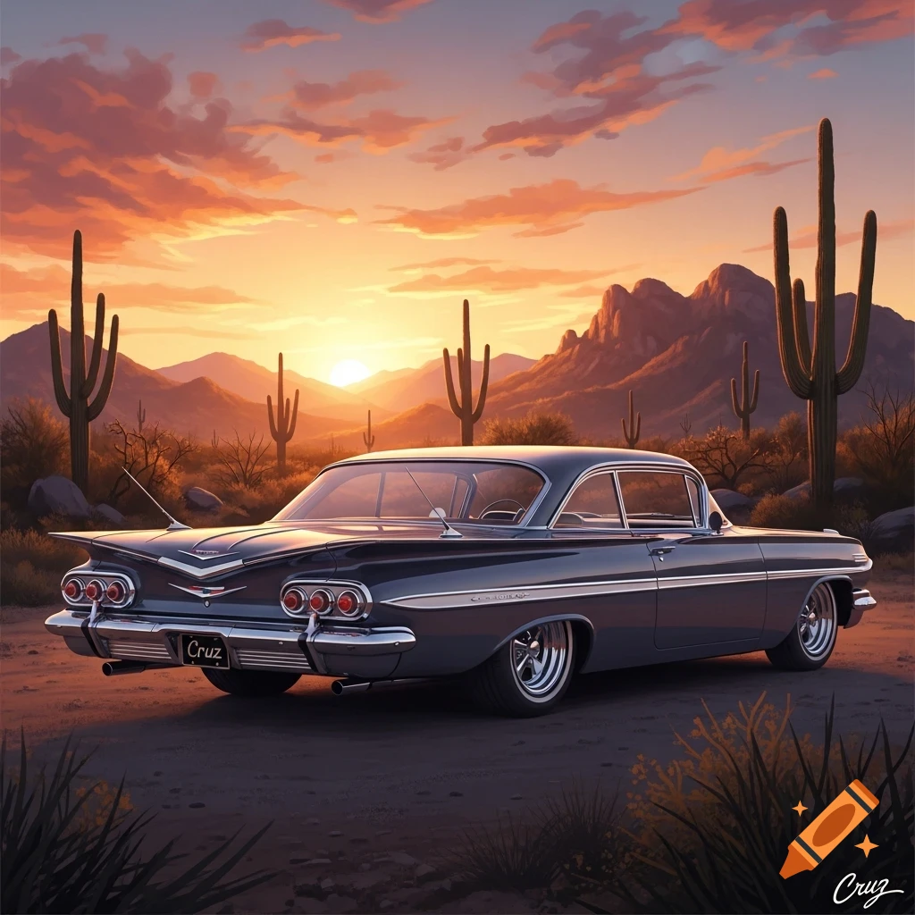 A dark blue classic car with chrome details parked in a desert landscape at sunset, featuring saguaro cacti and mountains.