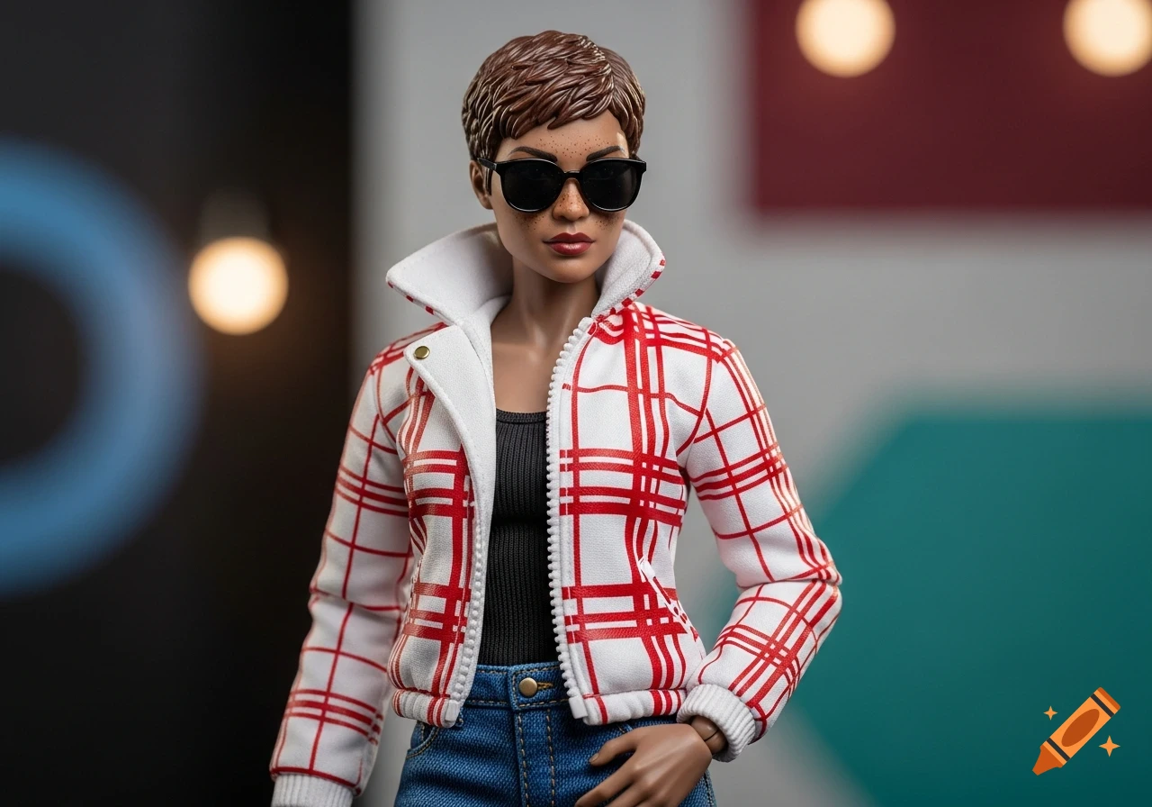 Close-up of an action figure of a woman with short brown hair and freckles, wearing sunglasses, a white and red plaid jacket, and blue jeans.